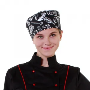 Шапочка повара Таблетка поварёшки и кастрюли на чёрном фоне [00400] – купить в Челябинске по цене завода